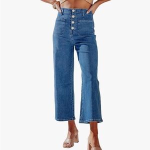 Sidefeel Women’s Wide Leg, High Wasted, Stretchy Capri, Buttoned Jeans